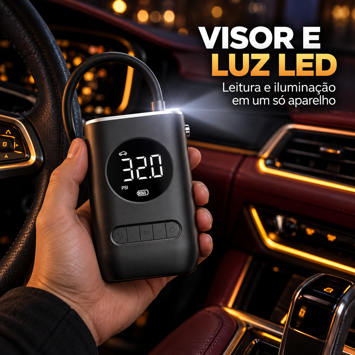 Visor e luz LED do compressor portátil