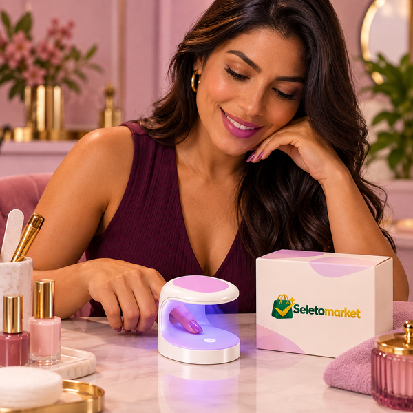 Mulher usando mini lâmpada UV com embalagem SeletoMarket