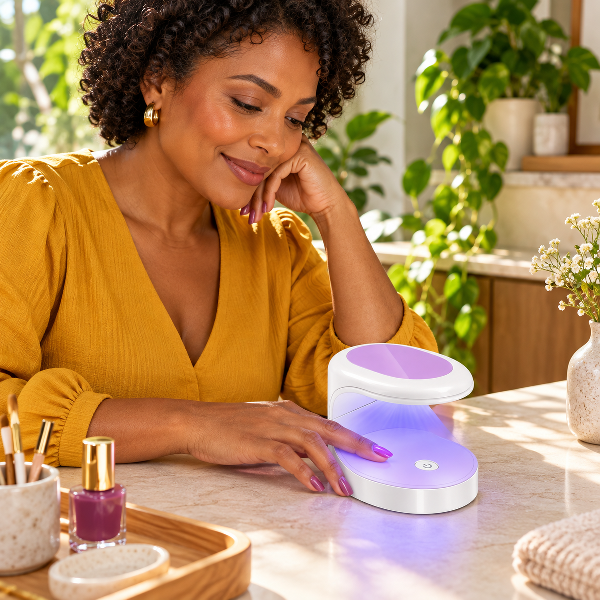 Mulher usando mini lâmpada UV em manicure caseira