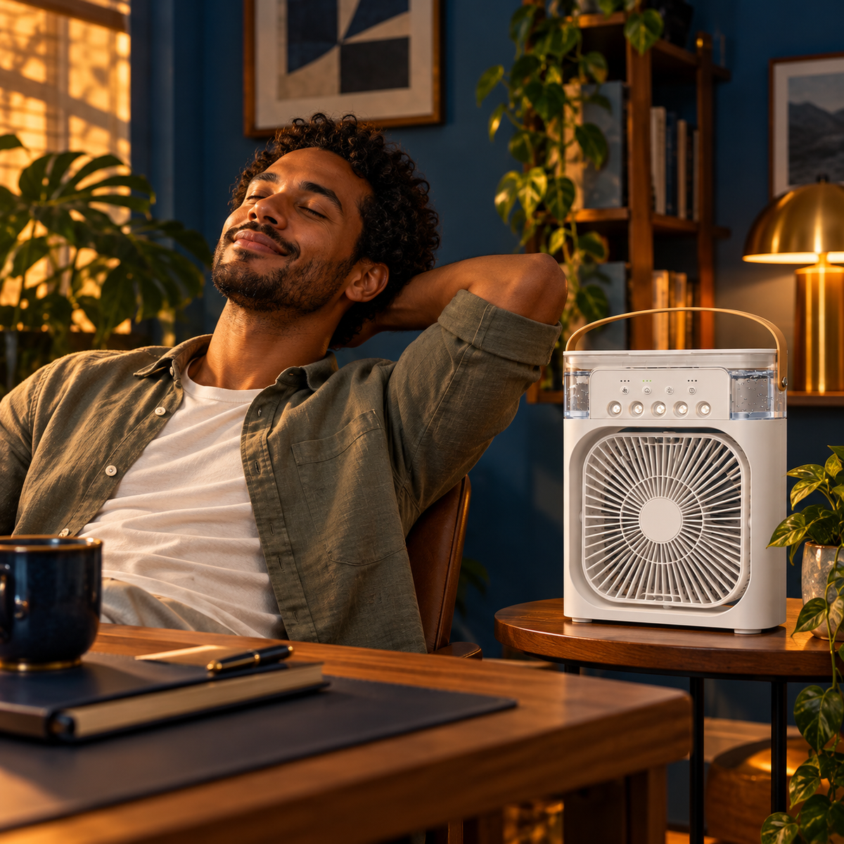 Homem brasileiro relaxando ao lado do ventilador portátil branco