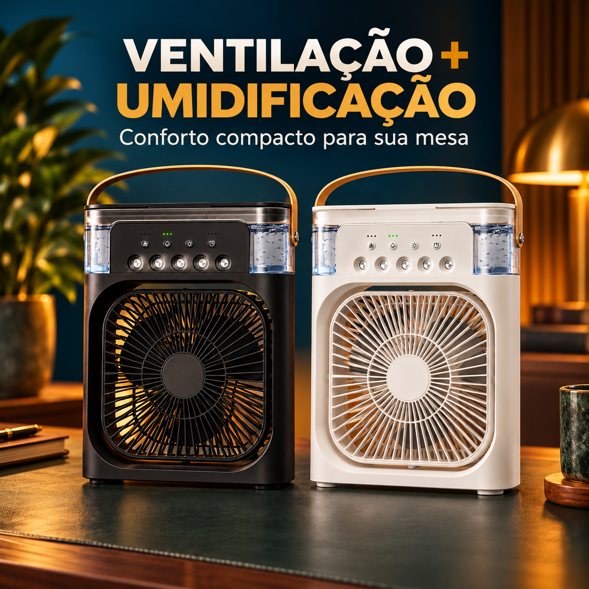 Mini ventilador umidificador nas opções de cor preta e branca