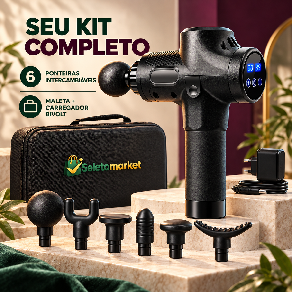 Pistola massageadora com seis ponteiras, maleta e carregador bivolt