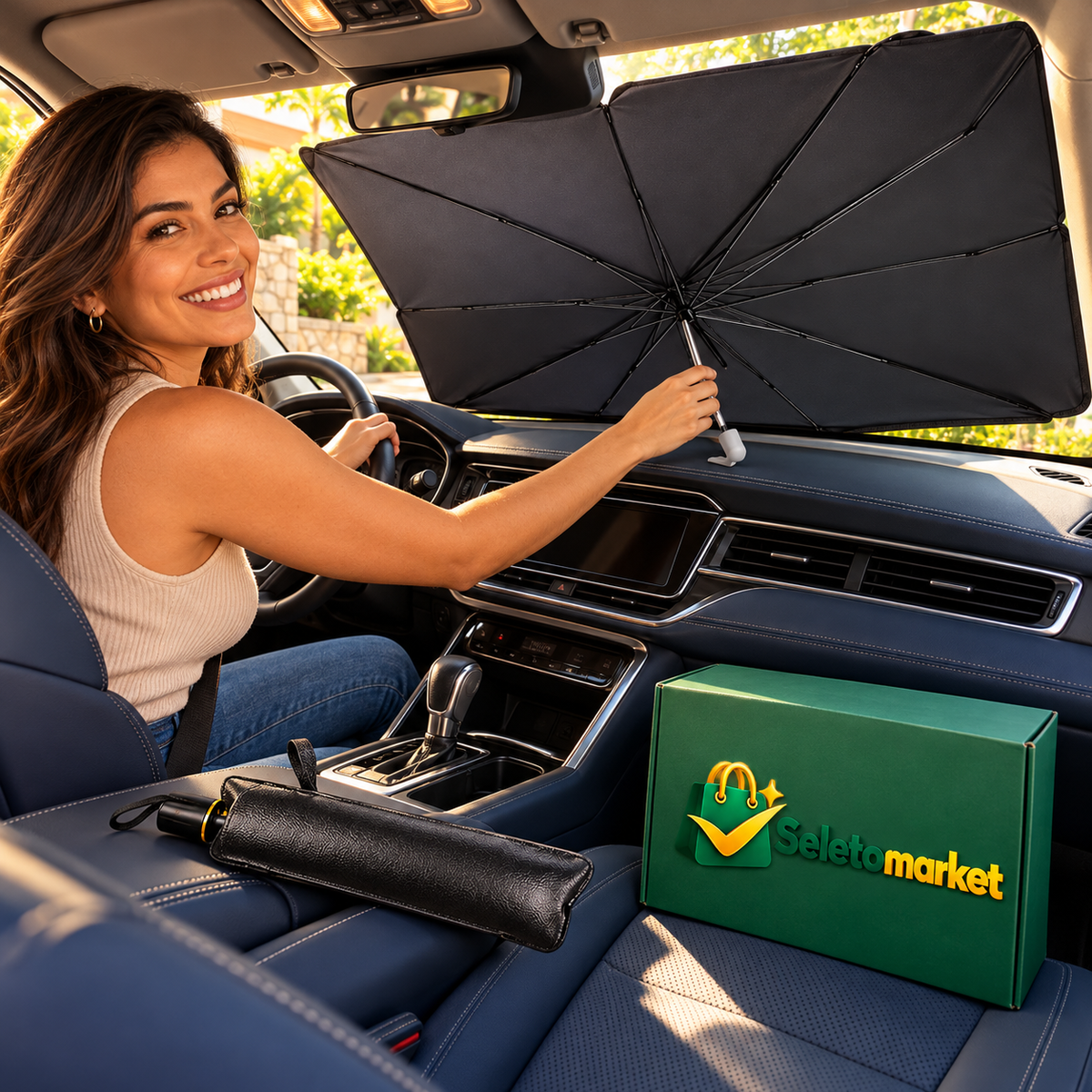 Motorista brasileira usando o protetor solar automotivo SeletoMarket