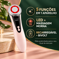 Infográfico com 5 funções do massageador facial, LED, RF e massagem morna