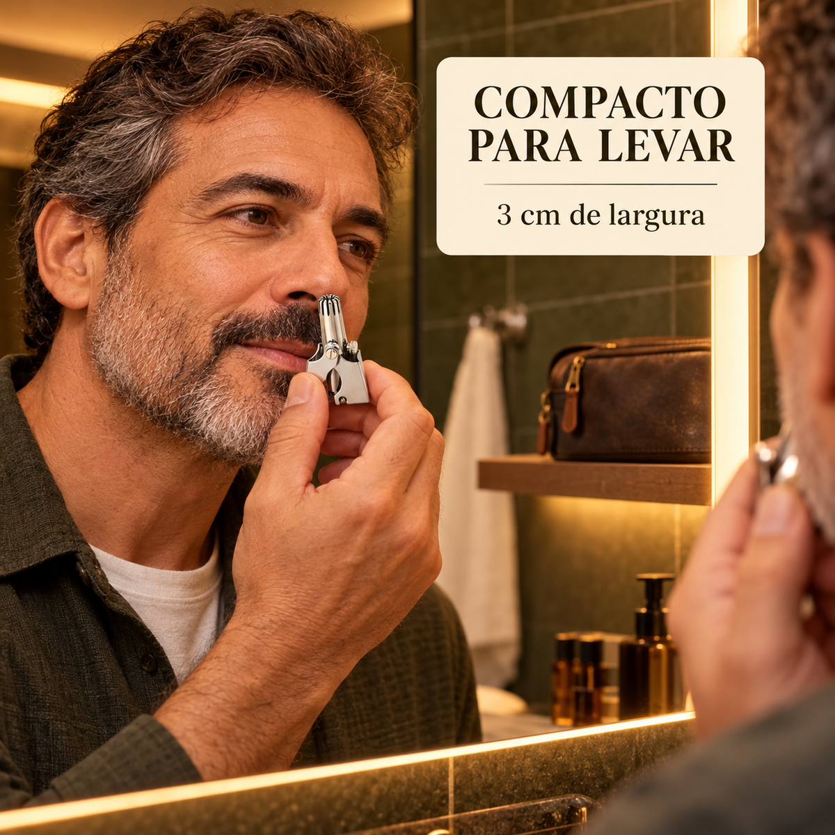 Aparador nasal compacto em uso durante rotina de viagem
