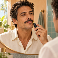 Homem adulto usando o aparador preto para alinhar o bigode