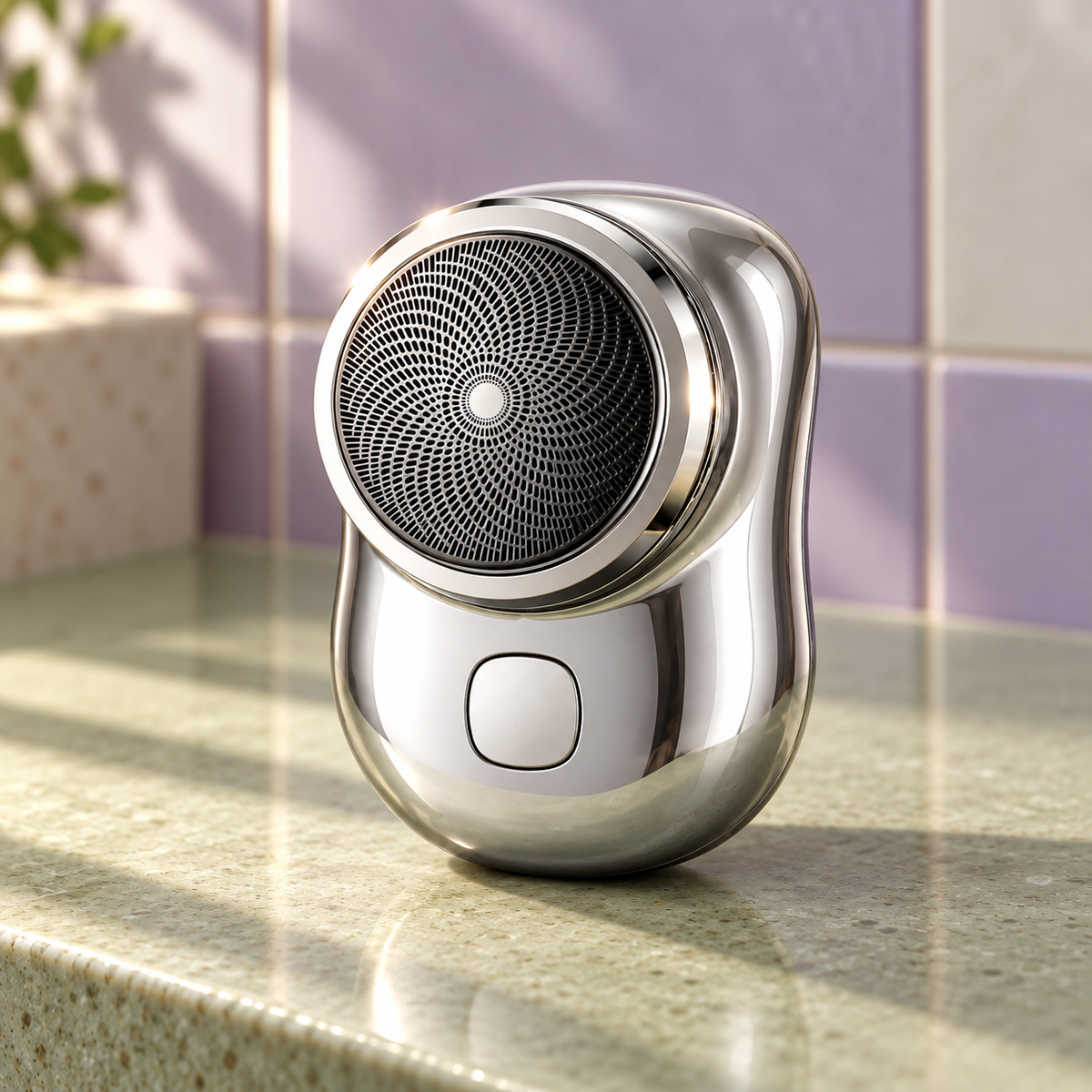 Barbeador elétrico rotativo prateado em destaque sobre fundo lavanda