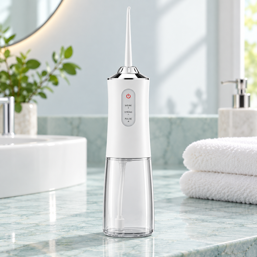 Irrigador oral portátil branco em bancada de banheiro aqua