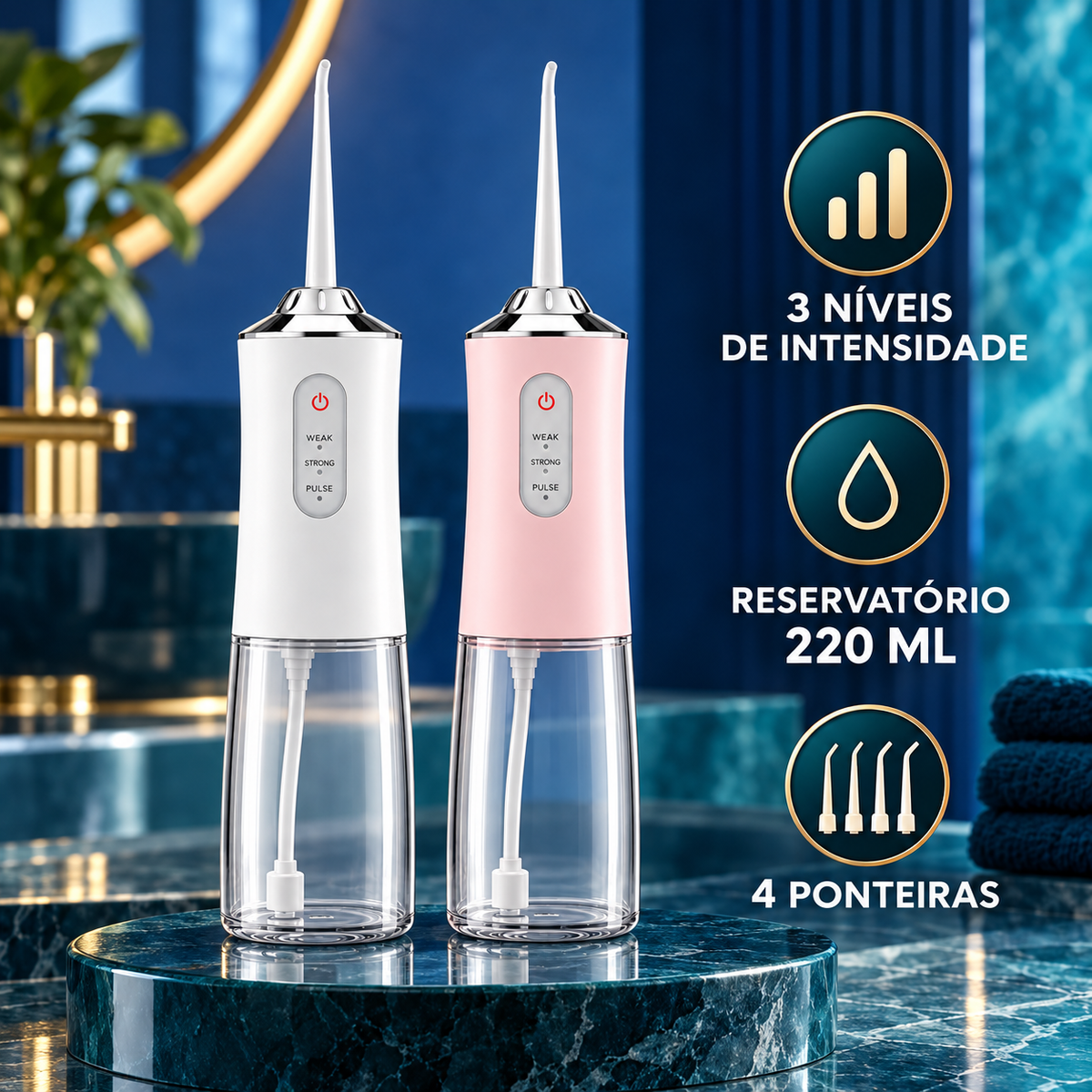 Variantes branca e rosa do irrigador oral, três níveis, 220 ml e quatro ponteiras
