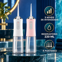 Variantes branca e rosa do irrigador oral, três níveis, 220 ml e quatro ponteiras