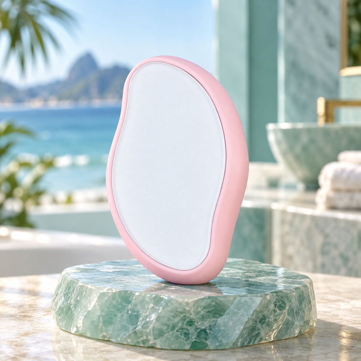 Depilador manual de cristal rosa sobre pedestal de pedra em cenário aqua