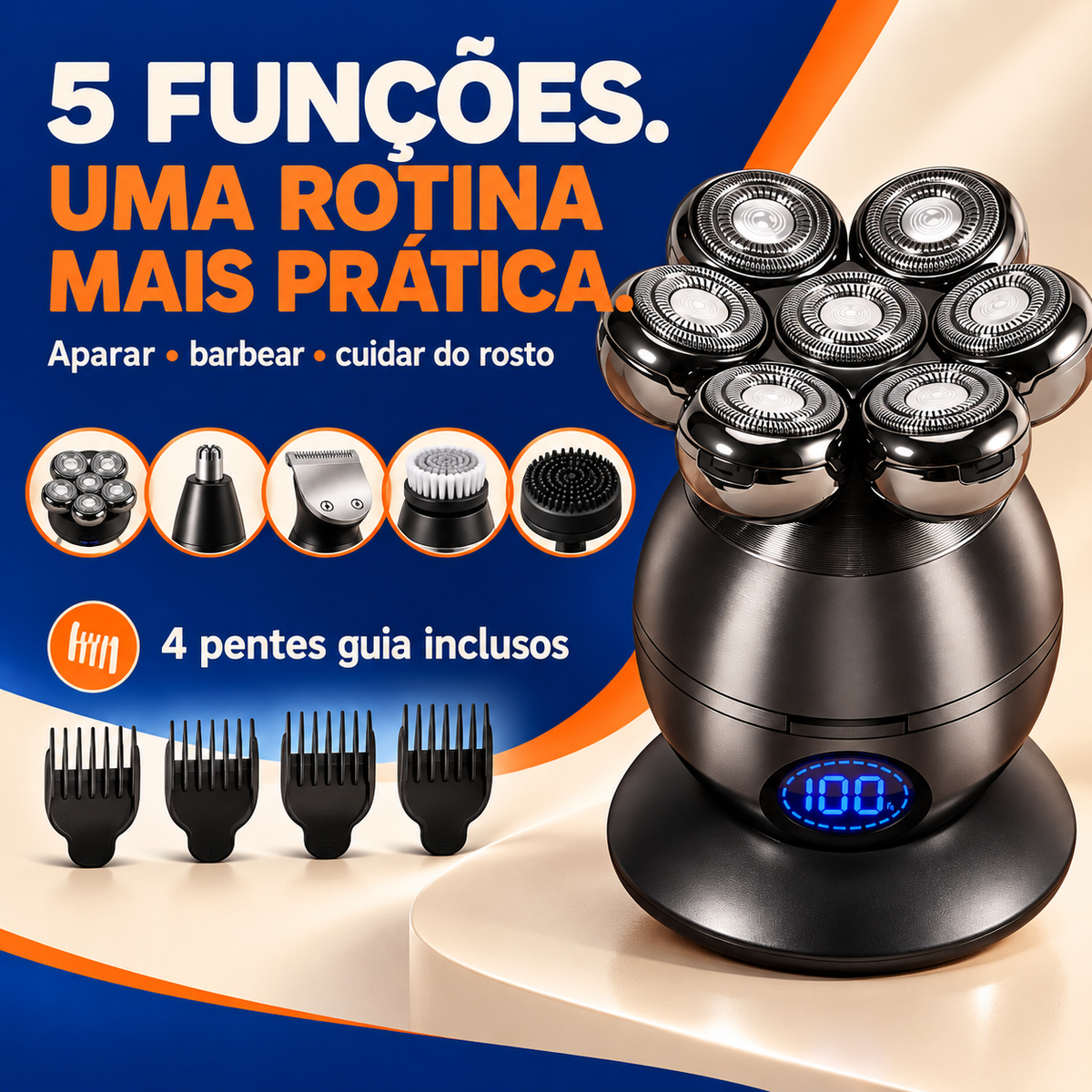 Kit barbeador 5 em 1: sete cabeças rotativas e quatro pentes guia