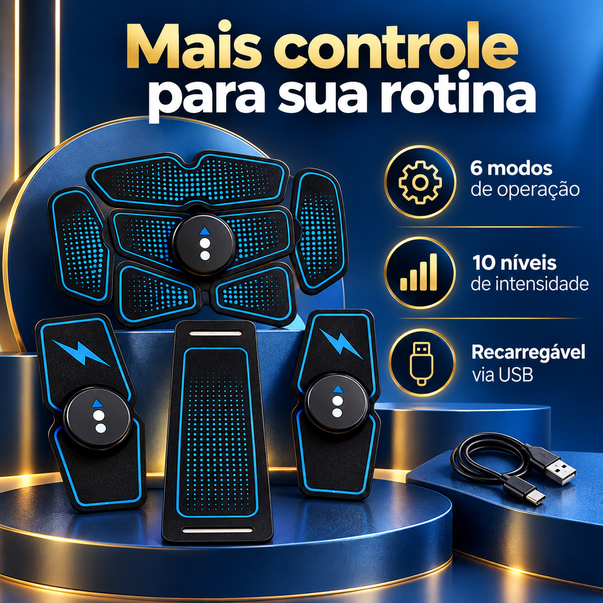 Kit EMS com seis modos de operação, dez níveis e recarga USB