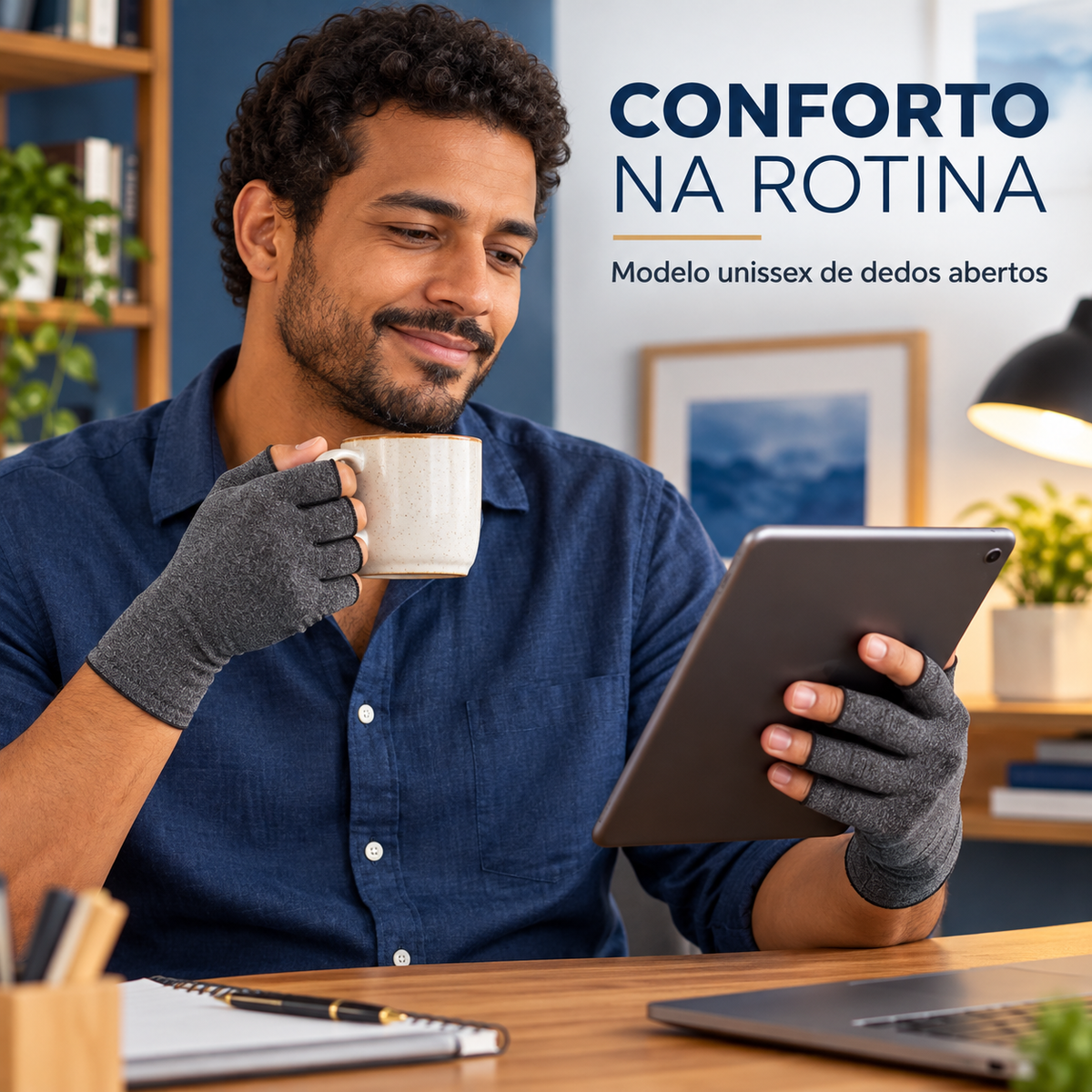 Homem usando luvas de dedos abertos enquanto consulta um tablet