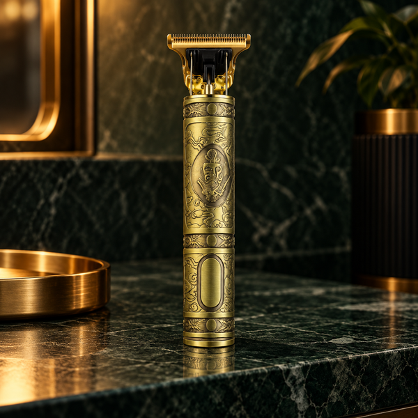 Aparador T-blade dourado do modelo Dragão sobre bancada verde