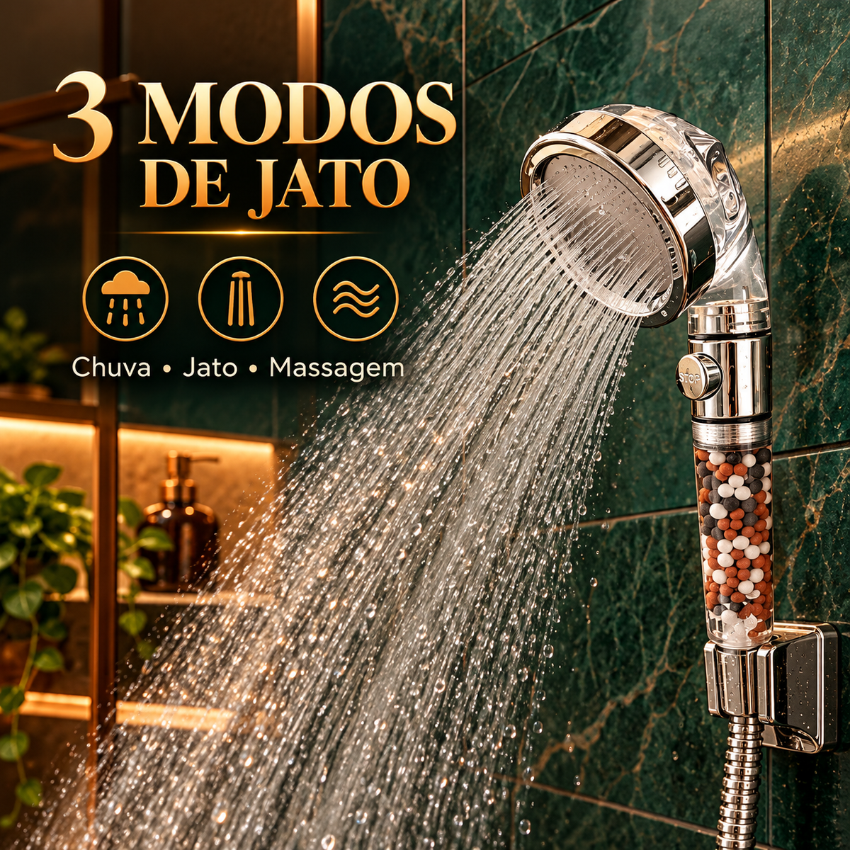 Três modos de jato: chuva, jato e massagem