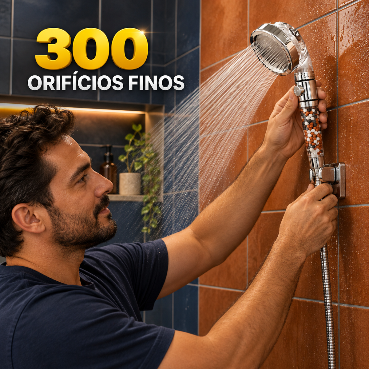 Chuveiro de mão com 300 orifícios finos em ambiente decorado