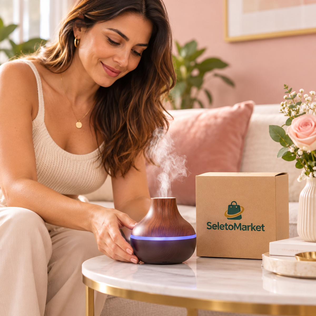 Mulher utilizando umidificador SeletoMarket com embalagem da marca