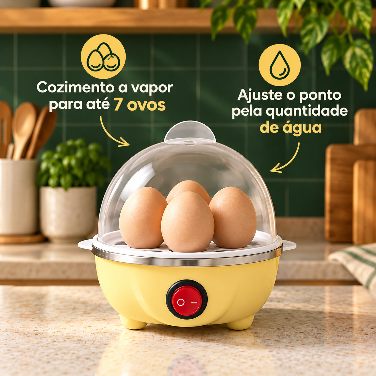 Cozimento a vapor para até sete ovos e ajuste do ponto pela água