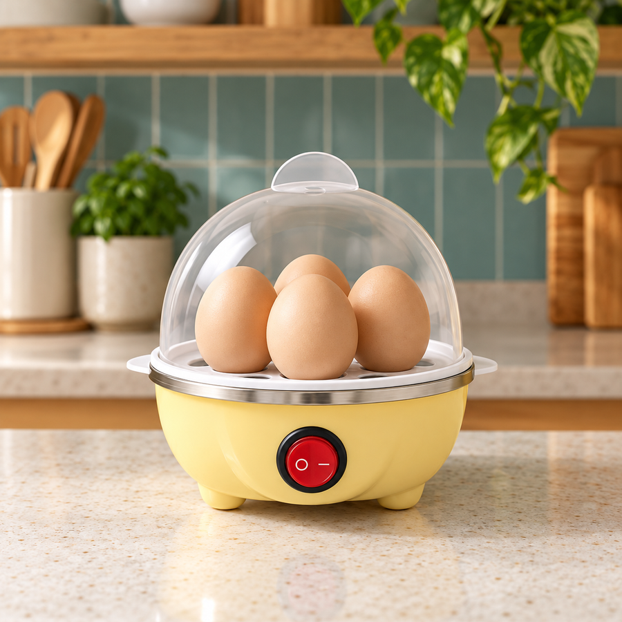 Cozedor elétrico de ovos amarelo sobre bancada de cozinha