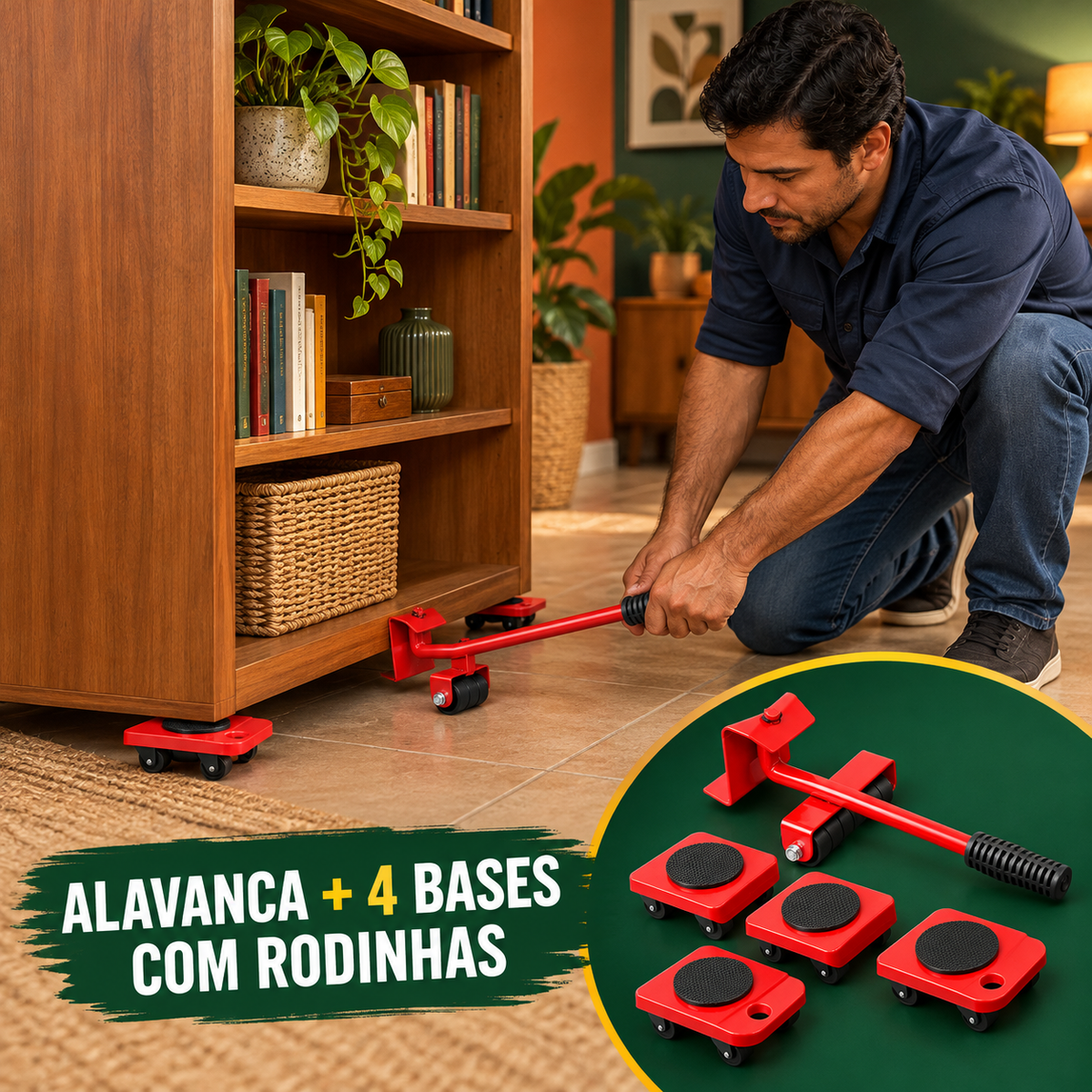 Alavanca e quatro bases rodantes para facilitar o deslocamento de móveis
