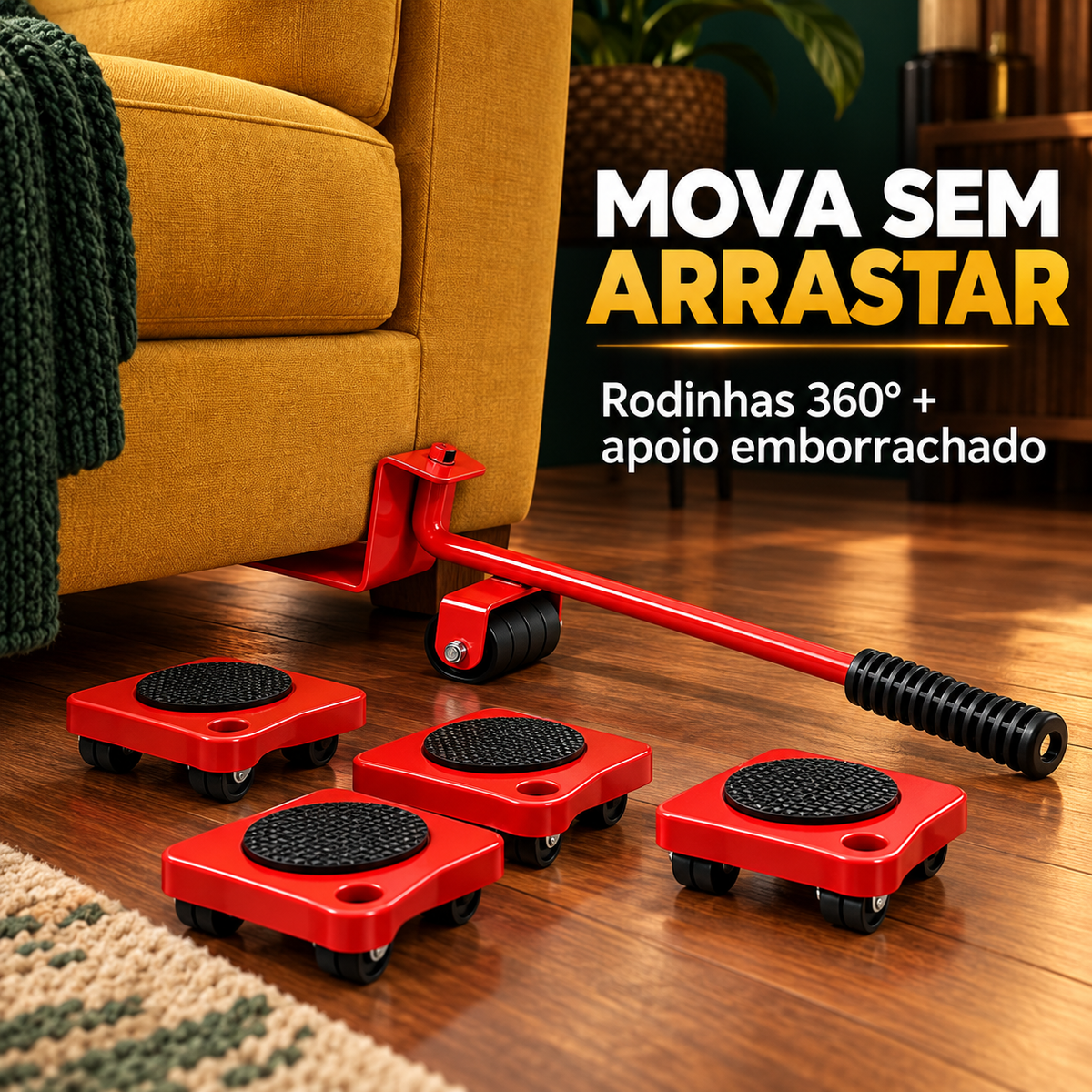 Kit para mover móveis com rodinhas giratórias e apoio emborrachado