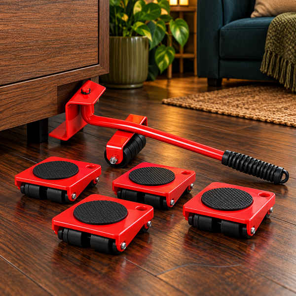 Kit vermelho para mover móveis com alavanca e quatro bases com rodinhas em ambiente residencial