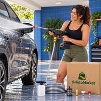 Cliente usando lavadora portátil SeletoMarket com embalagem da marca