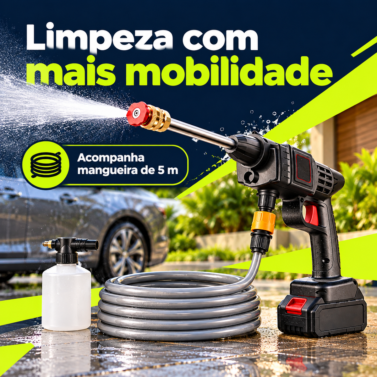 Lavadora portátil com mangueira de cinco metros e acessórios