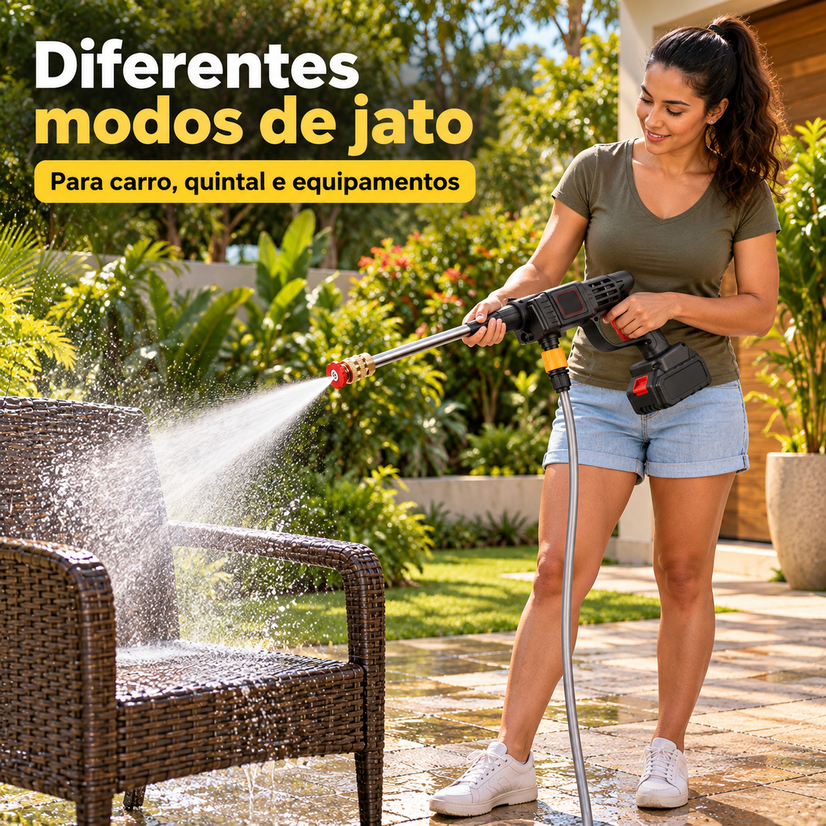 Pessoa usando a lavadora portátil para limpar uma cadeira de jardim