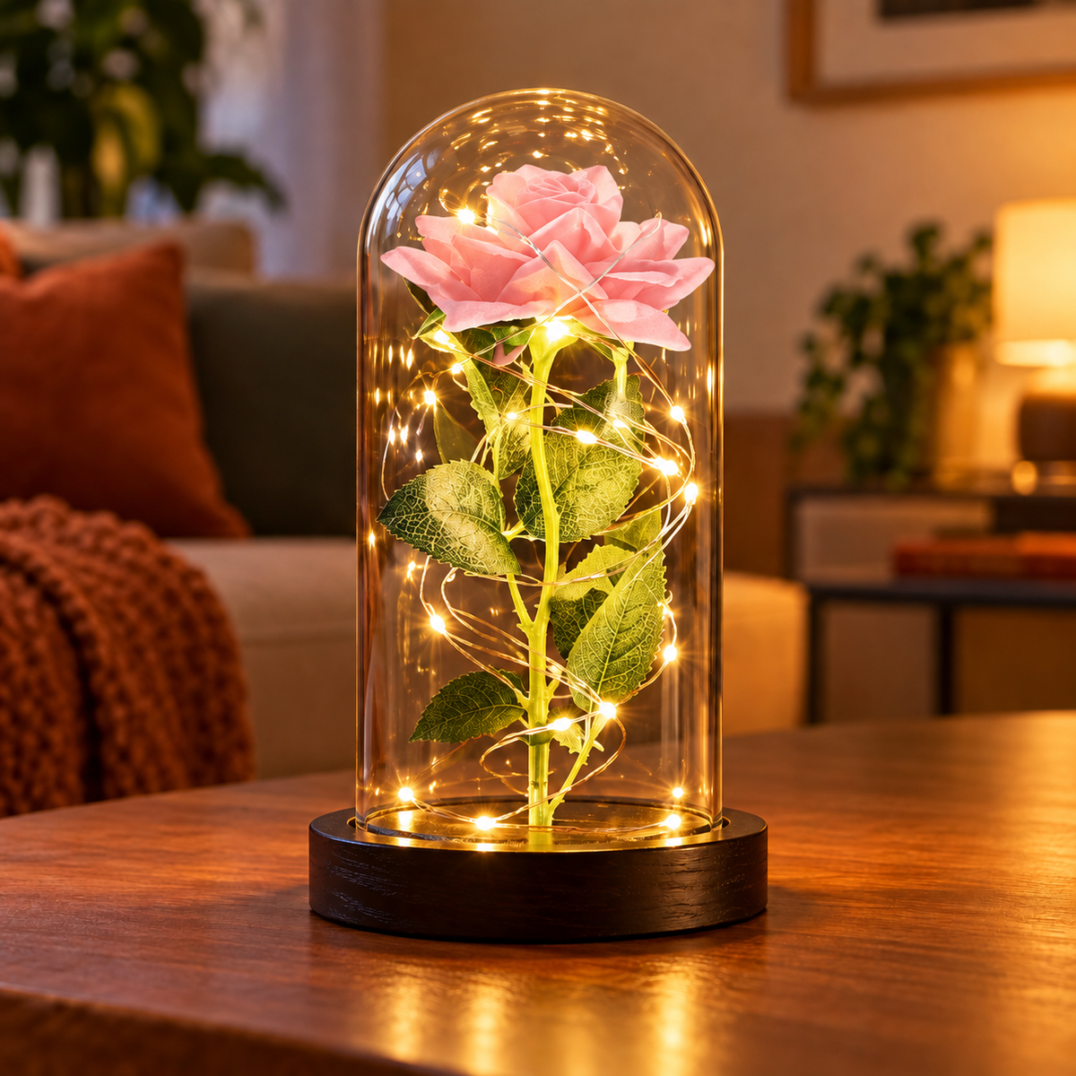 Luminária decorativa com Rosa rosa-clara sob cúpula de vidro