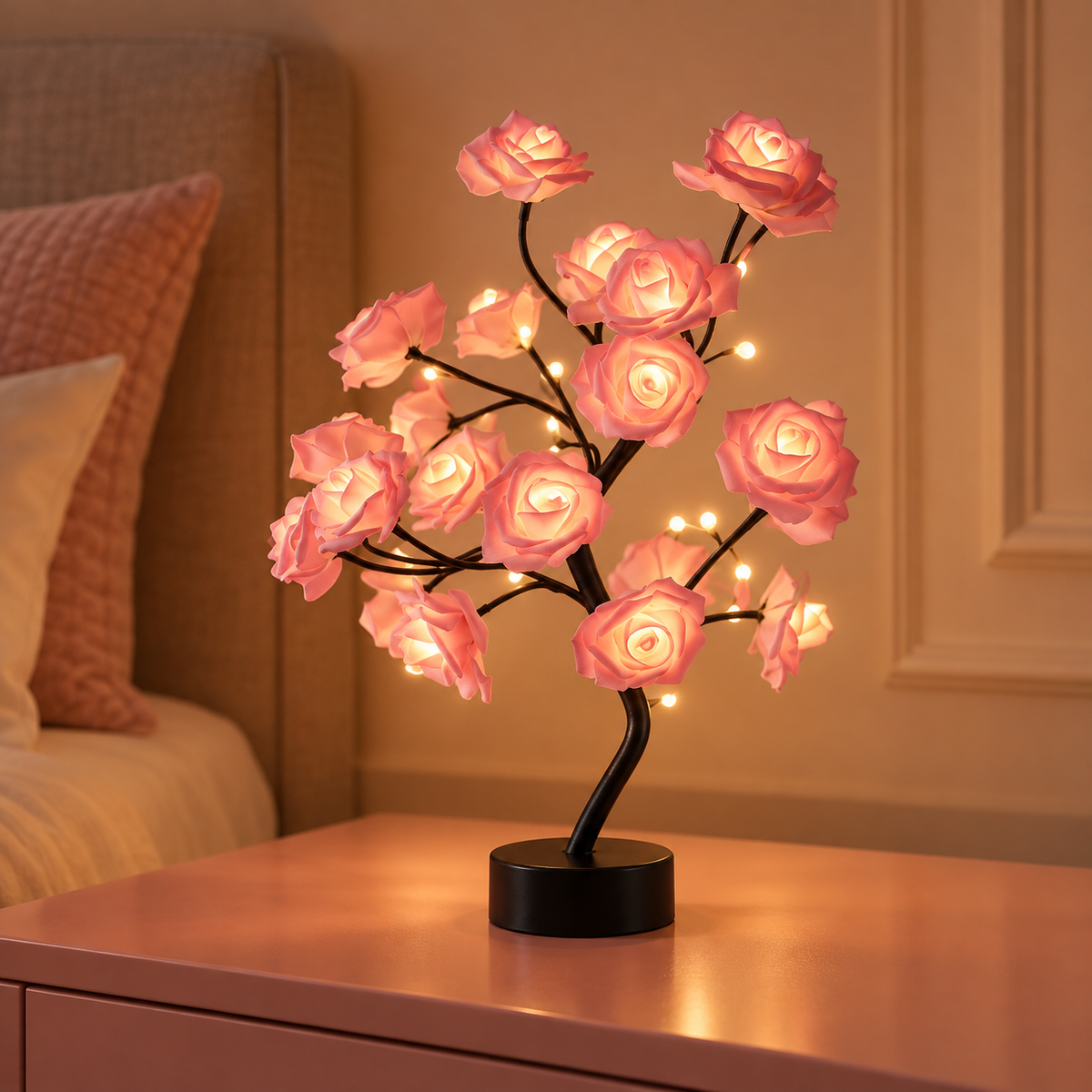 Luminária árvore de rosas com LED, variação rosa, em mesa de madeira