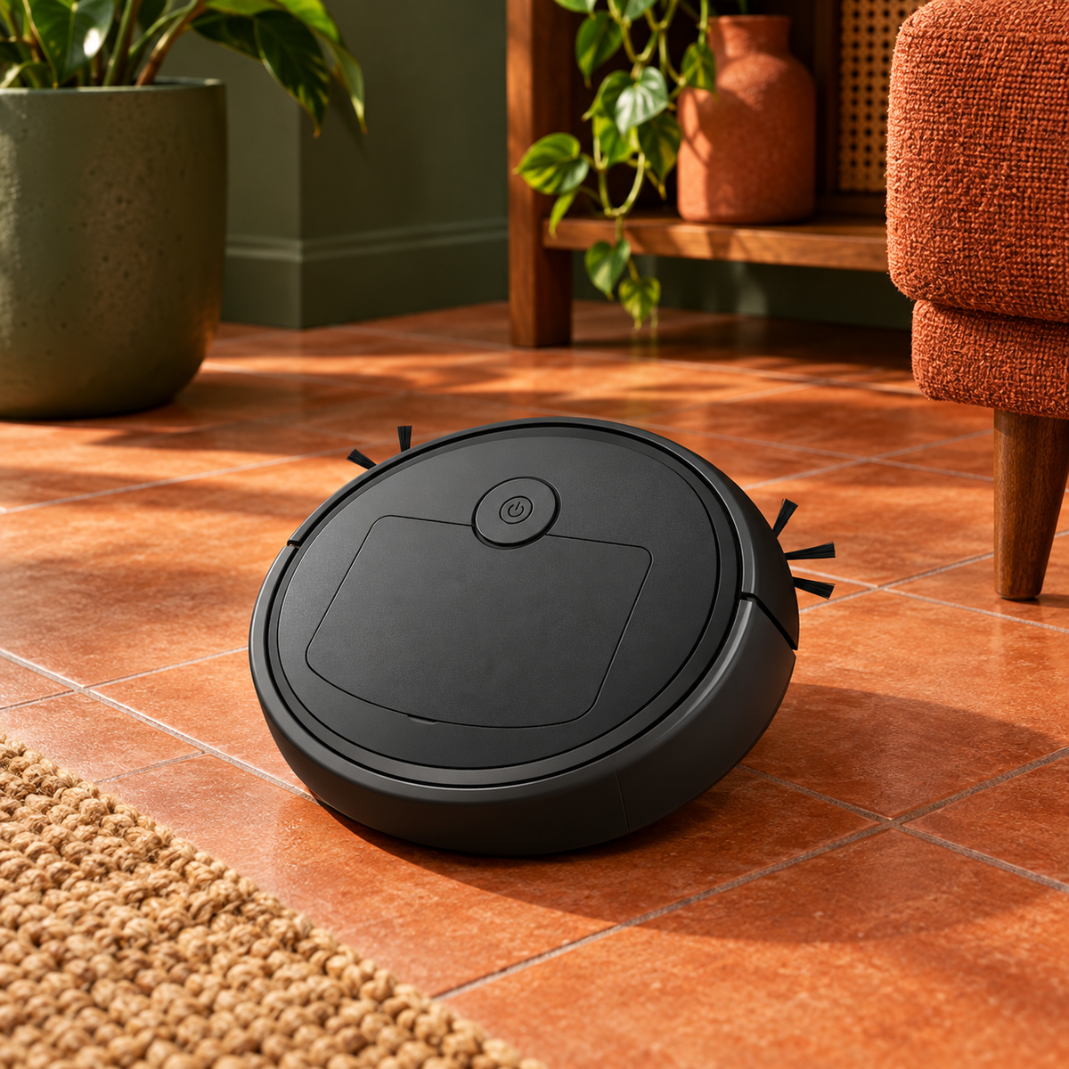 Robô aspirador preto em ambiente terracota