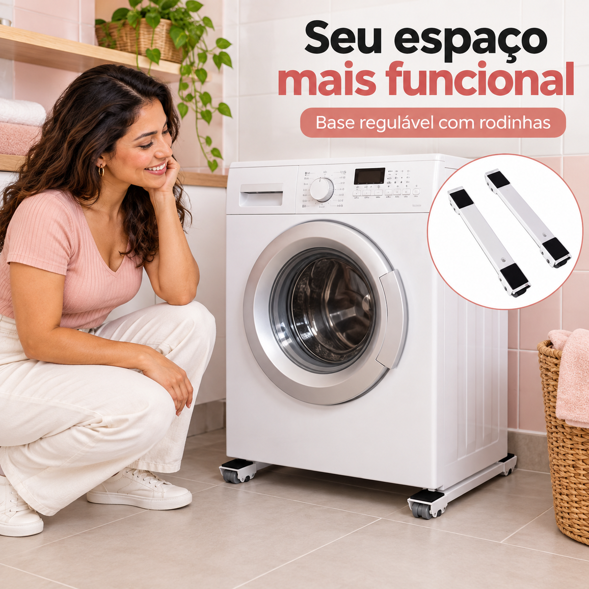 Lavadora apoiada sobre base ajustável com rodinhas