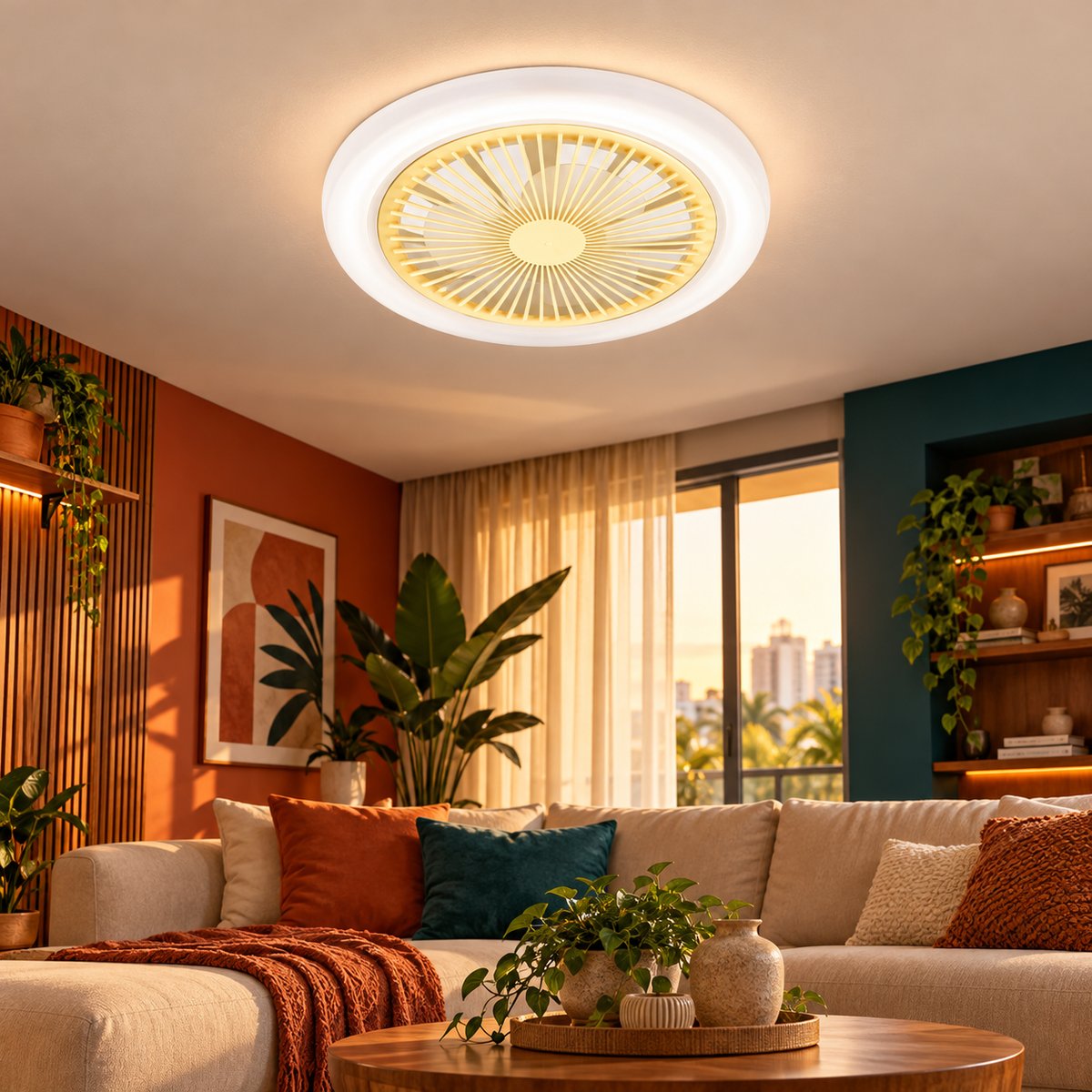 Ventilador circular com luz LED integrado ao teto em uma sala decorada