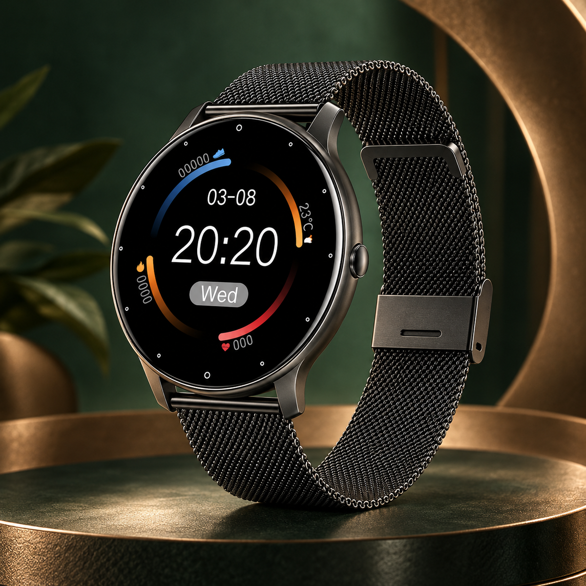 Smartwatch com tela redonda e pulseira de malha preta em cenário verde