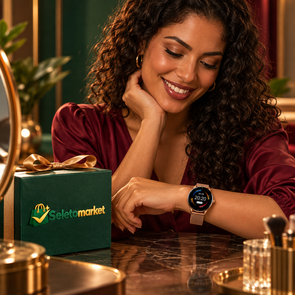 Mulher brasileira usando smartwatch com embalagem SeletoMarket