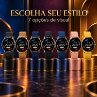 Sete opções de pulseira do smartwatch em preto, rosa, azul e amarelo