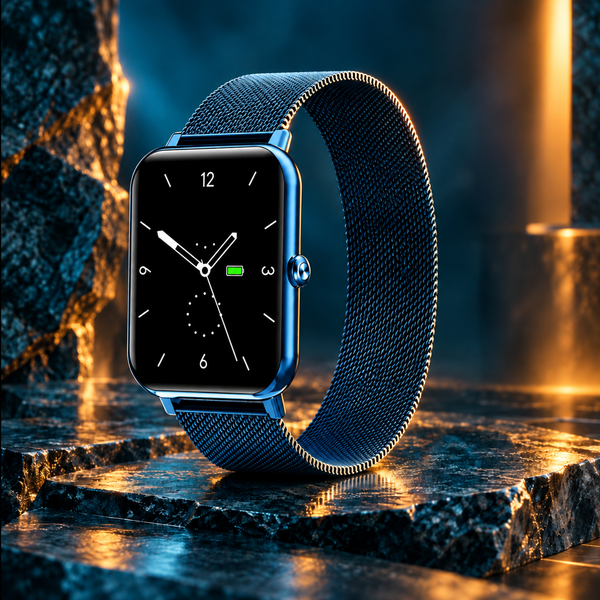 Smartwatch azul com pulseira metálica em cenário premium azul e âmbar