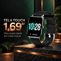 Smartwatch preto com tela touch de 1,69 polegada