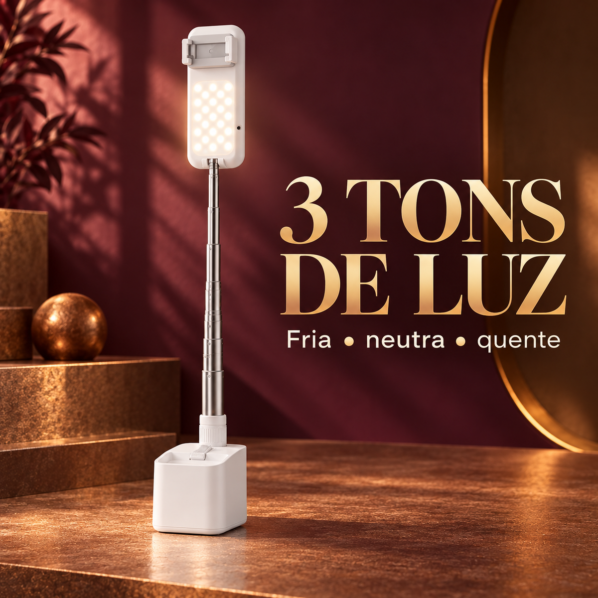 Suporte de luz LED com três tonalidades: fria, neutra e quente
