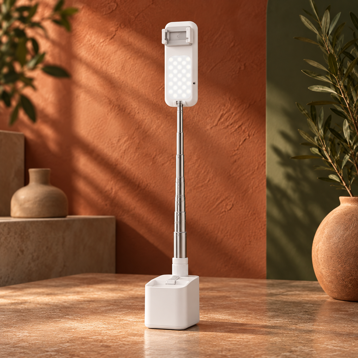 Tripé de luz LED branco para celular em cenário terracota e verde